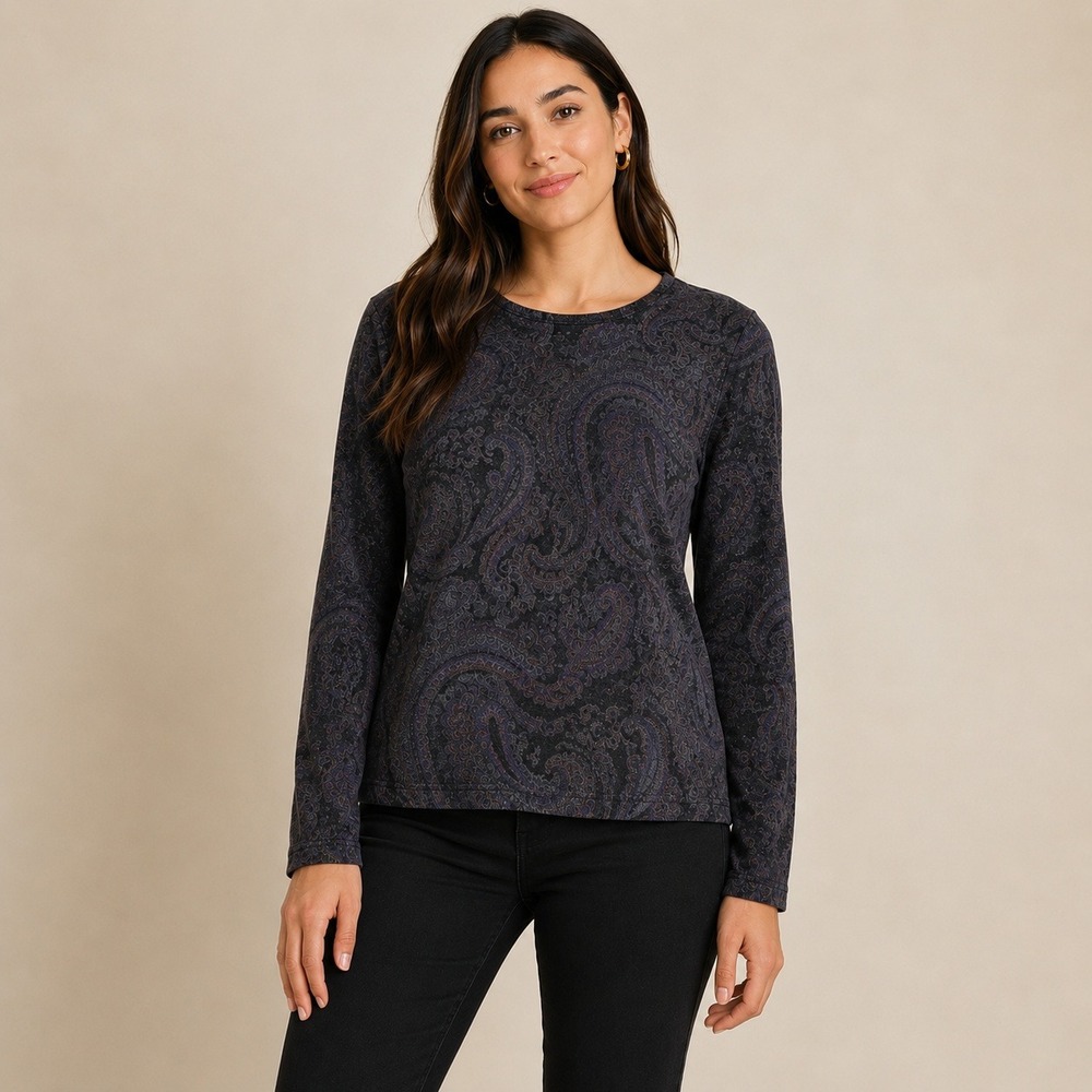 Lauren Ralph Lauren Silk Cashmere Paisley Sweater Purple Charcoal XL Long Sleeve